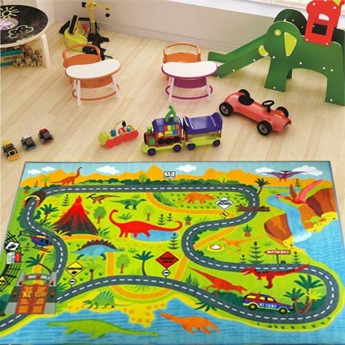KC Cubs 3x5 Dinosaur Toy Car Dino Road Rug – Educational Play Mat Carpet for Kids, Toddlers, Nursery, Classroom, Playroom, Baby Daycare, Boys & Girls-CubbioJoy