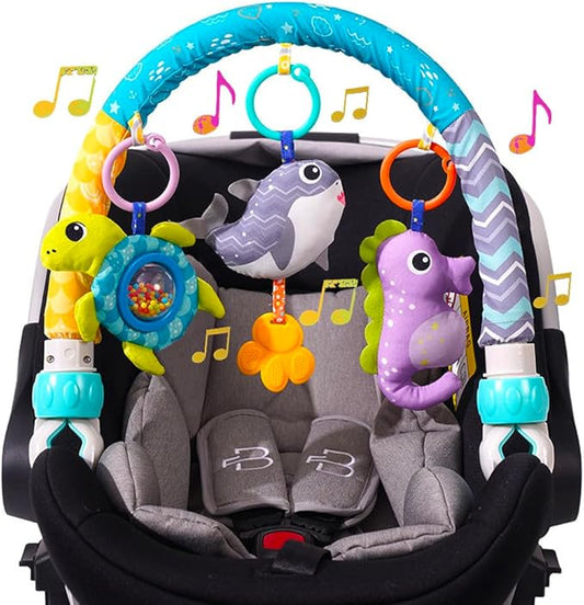 Baby Stroller Arch Toy, Clip On Arch Mobile for Bassinet with Universal Clamps, Activity Toy Bar for Bouncer Musical Crib Mobile Toys for Infants Car Seat Toys Rattle Turtle Music Whale-CubbioJoy