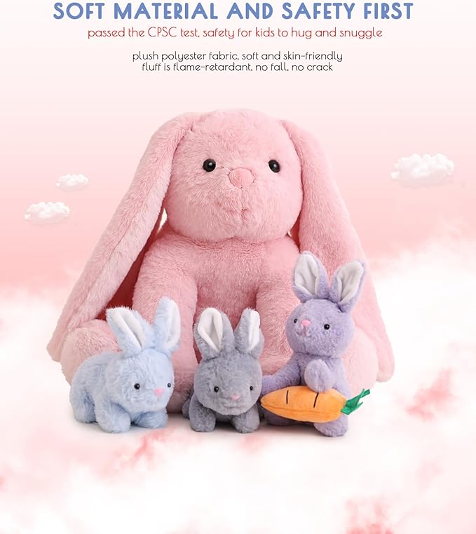 5 Pieces Rabbit Stuffed Animals for Girls,1 Mommy Rabbit with 4 Babies,Plush Bunny Stuffed Toy Gifts for Kids Children 3 4 5 6 7 8 9 Years,Soft Stuffed Bunny for Christmas,Birthday,Party Decorations-CubbioJoy