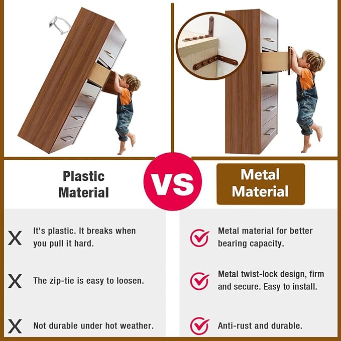 Anti Tip Furniture Anchors for Baby Pet Proofing,Furniture Wall Anchor Furniture Dresser Bookshelf Falling Prevention Device for Children (Brown)-CubbioJoy