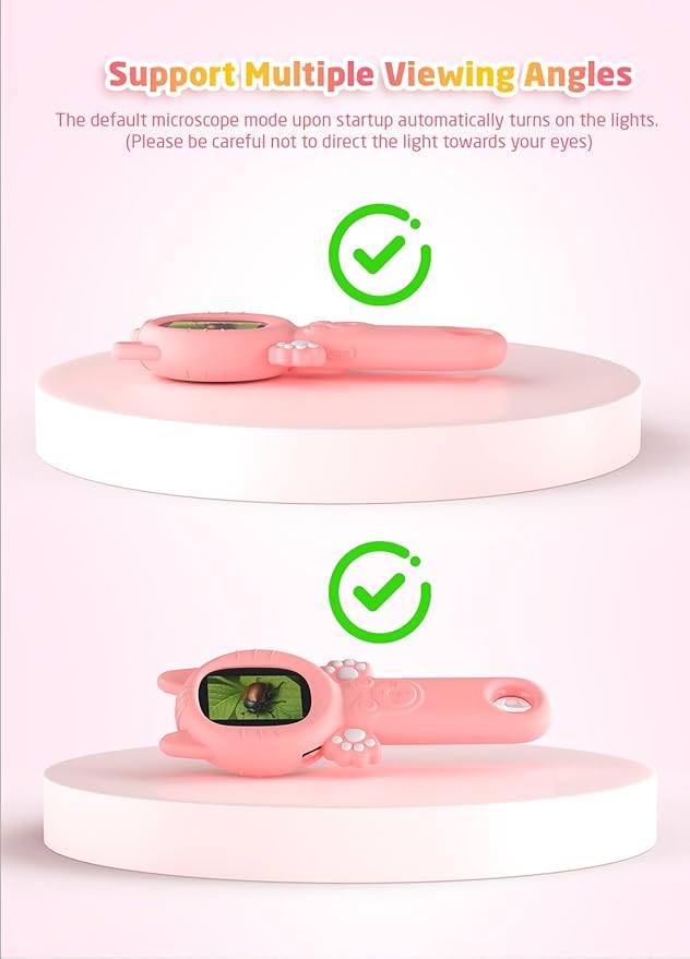 2-in-1 Microscope Camera for Kids, Mini Handheld Microscope Supporting Multiple Viewing Angles, Outdoor Educational Science Adventure Toys, Birthday Gifts for 3-10 Years Old Girls, Pink Cat-CubbioJoy