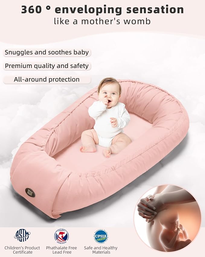Baby Lounger for Newborn 0-24 Months, Breathable & Soft Infant Lounger, Adjustable Tummy Time Lounger for Home and Travel, Baby Girls & Boys Newborn Babies Essentials Stuff, Pink-CubbioJoy