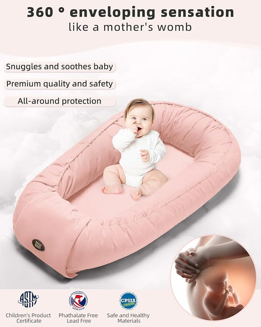 Baby Lounger for Newborn 0-24 Months, Breathable & Soft Infant Lounger, Adjustable Tummy Time Lounger for Home and Travel, Baby Girls & Boys Newborn Babies Essentials Stuff, Pink-CubbioJoy