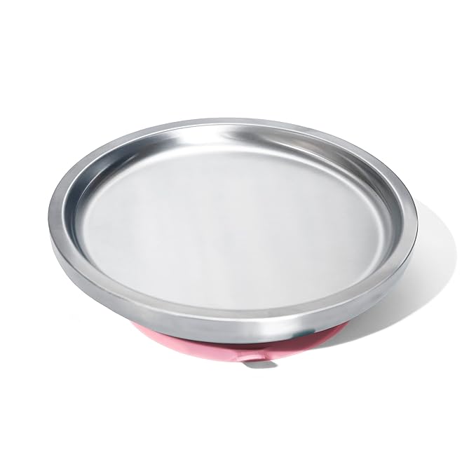 Avanchy Open Baby Plates with Suction – Stainless Steel Divided Plates for Toddlers, BPA-Free, Dishwasher Safe, Unbreakable, Non-Toxic, 100% Silicone Suction – Pink-CubbioJoy