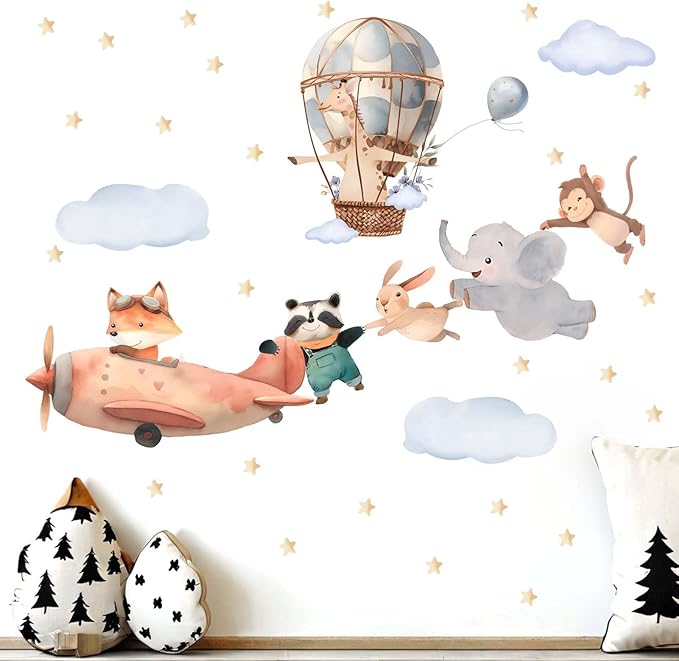 Animals Airplane Wall Stickers for Nursery: Baby Kids Bedroom Wall Decals - Aircrafts Hot Air Balloon Elephant Fox Giraffe Monkey-CubbioJoy