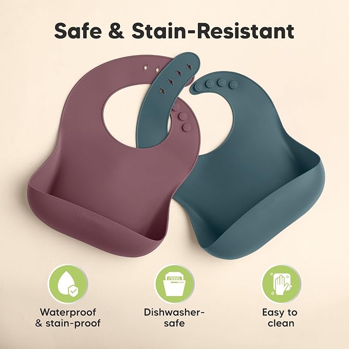 KeaBabies 2-Pack Silicone Baby Bibs for Eating - Sturdy Food-Grade Silicone Bibs for Babies Girl, Boy, Large Food Catcher, Clean & Put On Easily, Waterproof Toddler Feeding Essentials (Rocky)-CubbioJoy