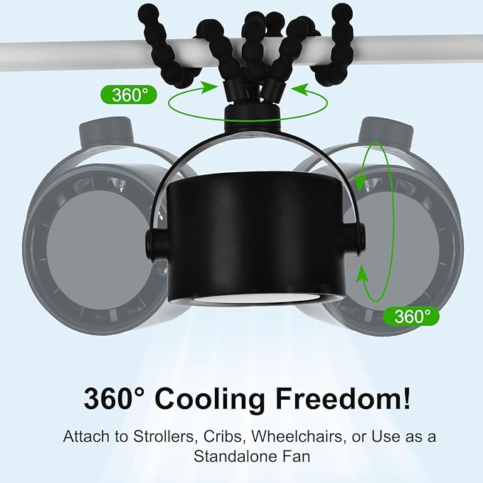 5000mAh Portable Stroller Fan with LCD Display, 5-Speed, Rechargeable Battery Operated, 360° Rotation, Tripod Clip, 17-Hour Battery Life for Carseat, Strollers, Cribs, Wheelchairs, Bedrooms & Travel-CubbioJoy