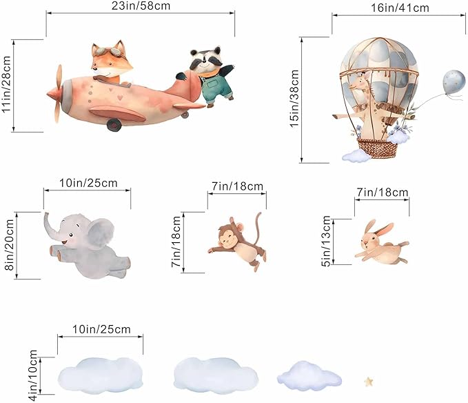 Animals Airplane Wall Stickers for Nursery: Baby Kids Bedroom Wall Decals - Aircrafts Hot Air Balloon Elephant Fox Giraffe Monkey-CubbioJoy