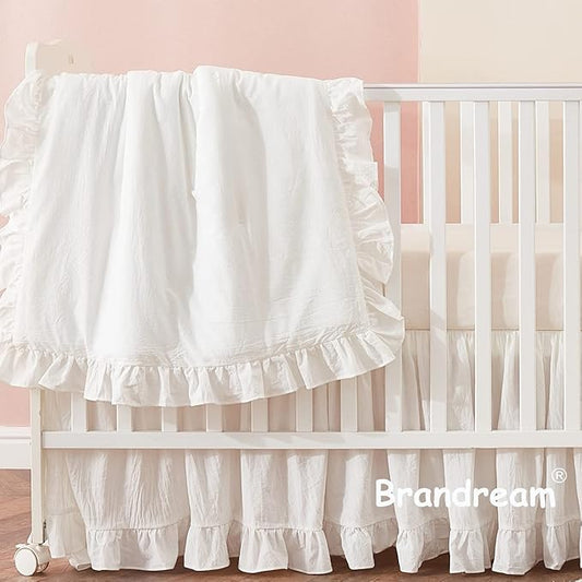 Brandream Baby Crib Bedding Set for Girls Boys Gender Neutral Boho Bohemian Farmhouse Chic Ruffle 6-Piece Nursery Bedding Set - 100% Washed Cotton Cream White-CubbioJoy