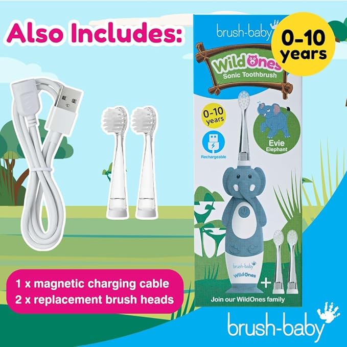 brush-baby WildOnes Kids Electric Rechargeable Toothbrush Elephant, 1 Handle, 3 Brush Heads, USB Charging Cable, for Ages 0-10 (Elephant)-CubbioJoy