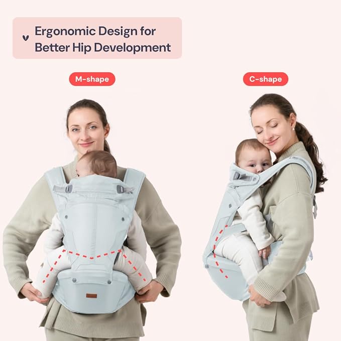 BabbleRoo Grow Carrier – Safety-Certified 6-in-1 Baby Carrier with Hip Seat, Ergonomic & Adjustable Toddler Carrier 7-50 lbs with Hip Support, Hood for Sun Protection, Newborn to Toddler, Seafoam-CubbioJoy