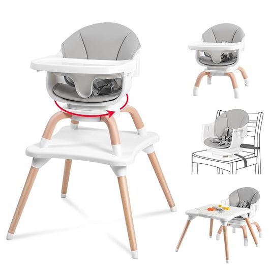 Baby High Chair, 7 in 1 Convertible High Chairs for Babies and Toddlers, Kids Learning Table, Building Block Table, Toddler Dining Chair with 360° Rotating Seat, 5-Point Safety Harness (Grey)-CubbioJoy