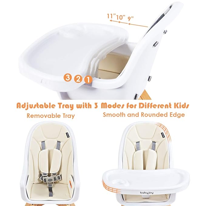 BABY JOY 3 in 1 High Chair, Baby Eat & Grow Convertible Wooden High Chair/Rocking Chair/Booster Seat/Toddler Chair, Infant Dining Chairs w/Double Removable Tray, 5-Point Seat Belt & PU Cushion, Beige-CubbioJoy
