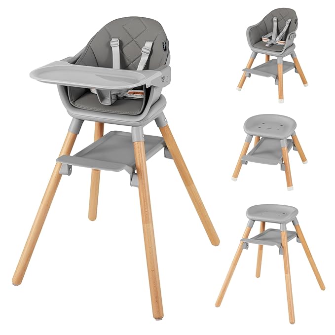BABY JOY Baby High Chair, 6 in 1 Convertible Wooden Highchair for Babies & Toddlers with Adjustable Legs, Removable Double Tray, Safety Harness & Waterproof PU Cushion (Gray)-CubbioJoy