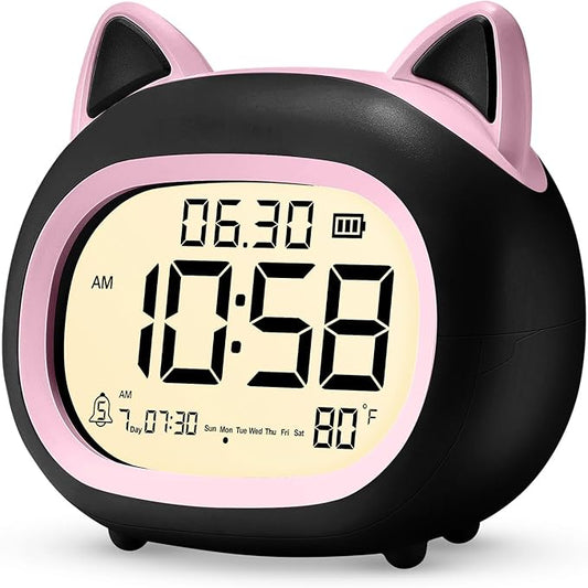 Kids Alarm Clock with Night Light for Kids, Small Digital Alarm Clocks for Bedrooms, Routine Builder, Cute Cat Alarm Clock with Sleep Training, Snooze, 12/24H, Date & Day, Temperature, USB Port-CubbioJoy