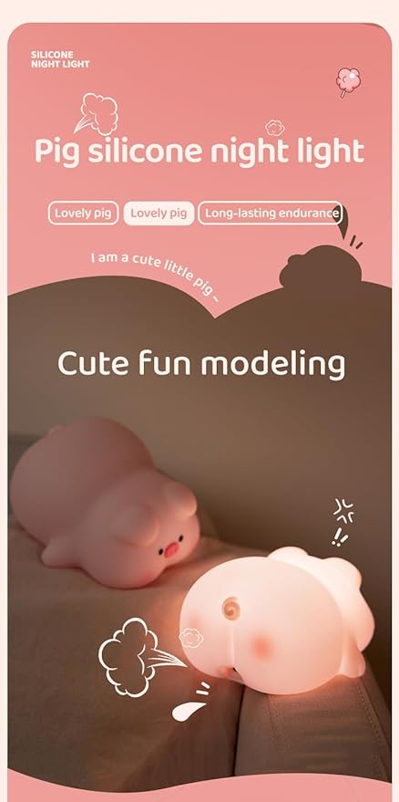 ATSUI Pig Night Light for Kids, Food Grade Silicone, Rechargeable, Tap Fun Kawaii Lamp for Kids Room, Adjustable Brightness, Cute Stuff for Boys Girls, Cute Gifts for Baby Children-CubbioJoy