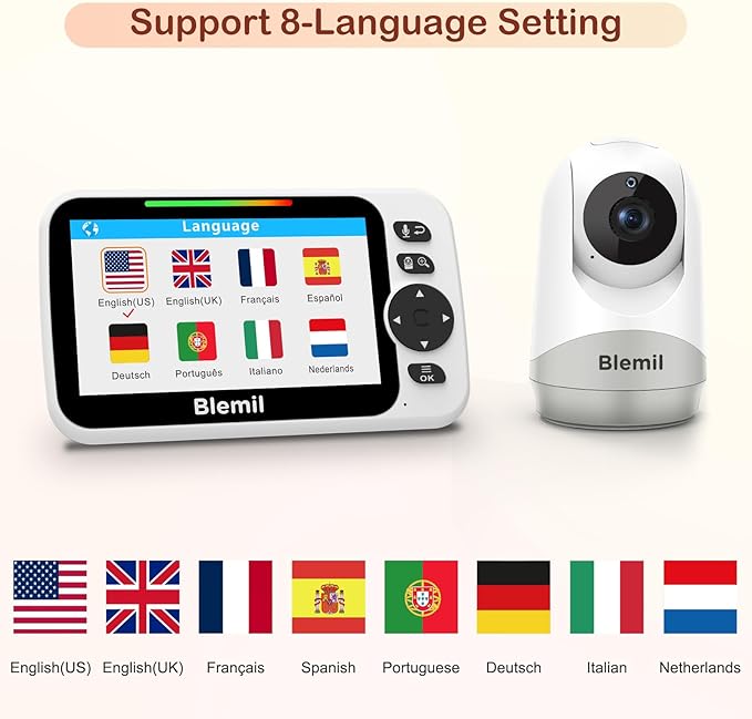 Baby Monitor with 30-Hour Battery, 5" Large Split-Screen Video Baby Monitor with Camera and Audio, 3500mAh Battery, Remote Pan/Tilt/Zoom Camera, Two-Way Talk, Night Vision, Lullabies, No WiFi-CubbioJoy