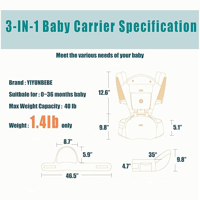 Baby Carrier, 3-in-1 Baby Carrier Newborn to Toddler with Hip Seat (Ergonomic M Position) for 0-36 Month/7-45lbs, Adjustable Size for Enhanced Lumbar Support,Perfect for On-The-go, Dark Blue-CubbioJoy