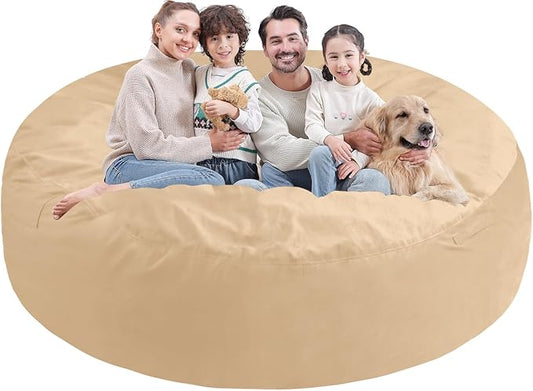 7FT Bean Bag Chair, Large Bean Bag Chairs with Memory Foam Filled, Fluffy Beanbag Sofa with Dutch Velvet Cover, Round BeanBag Chairs for Living Room, Playroom - Khaki-CubbioJoy