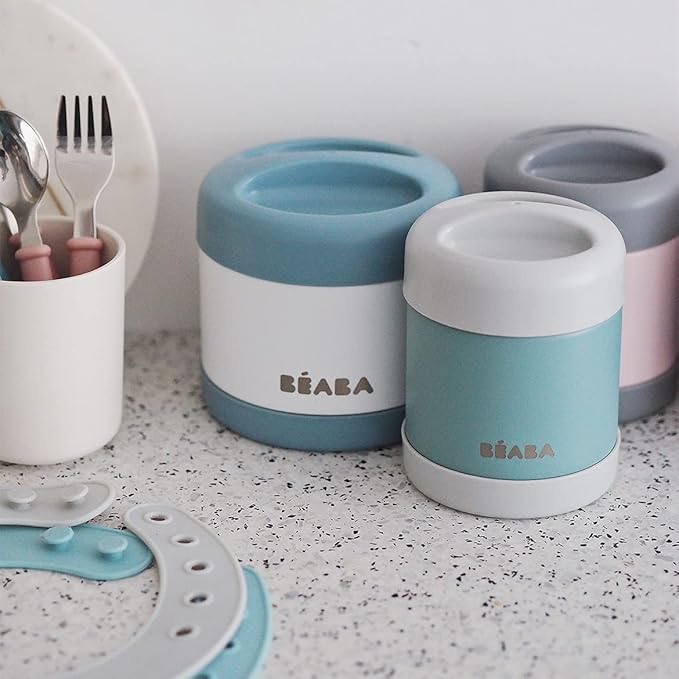Beaba Stainless Steel Insulated Food Jar 10 oz, Kids Thermos, Lunch Containers, Leakproof, Wide Opening, Suitable for Hot and Cold Foods (Eucalyptus)-CubbioJoy