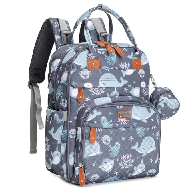 BabbleRoo Diaper Bag Backpack - Baby Essentials Travel Tote - Multi Function Waterproof Diaper Bag, Travel Essentials Baby Bag with Changing Pad, Stroller Straps & Pacifier Case - Unisex, Sea Animals-CubbioJoy