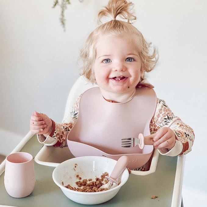 Ali+Oli Spoon & Fork Learning Set for Toddlers (Powder Pink) 6m+ Grab Easy BPA Free Food-Grade Silicone Handle, Kids Silverware Self Feeding Baby Utensil, Multi-stage Baby Feeding Set Ergonomic Design-CubbioJoy