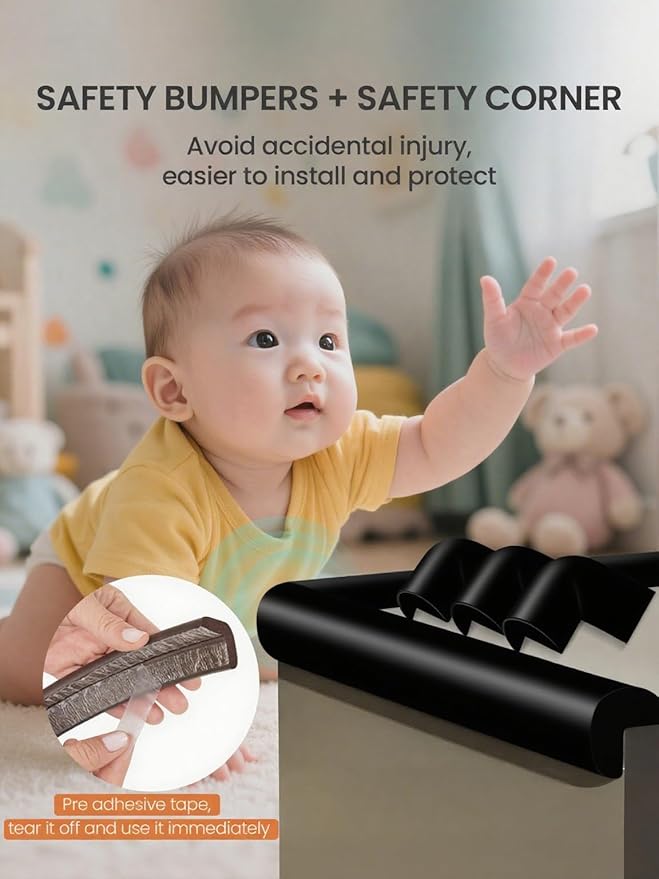 Baby Proof Edge Corner Protector, 6.56FT 0.47''Th L-Shape Furniture Corner & Edge Safety Bumpers with 6 Corners, Pre-Taped, Soft NBR Rubber Foam Desk Edge Cushion Wall Corner Protector（Black）-CubbioJoy