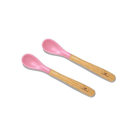 Avanchy Bamboo & Silicone Infant Training Spoons, BPA Free - Soft Tip, Easy on Gums, First Stage Feeding Utensils for Baby-Led Weaning, Self-Feeding, Pink-CubbioJoy