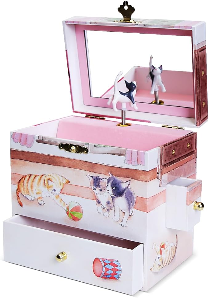 Curious Kittens Musical Jewelry Box Cat Spins to Ode to Joy 3 Pullout Drawers Treasure Storage-CubbioJoy
