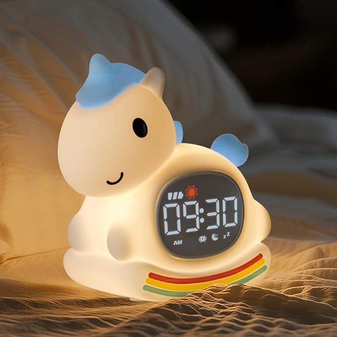 Alarm Clock for Kids with Night Light, Sleep Training Clock Time to Wake Clock, Rechargeable Silicone Light for Bedroom, Perfect Sleep Companion for Boys Girls, Blue Pony-CubbioJoy