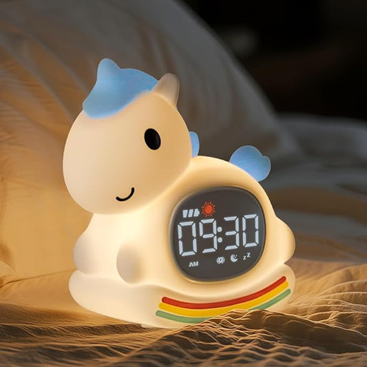 Alarm Clock for Kids with Night Light, Sleep Training Clock Time to Wake Clock, Rechargeable Silicone Light for Bedroom, Perfect Sleep Companion for Boys Girls, Blue Pony-CubbioJoy