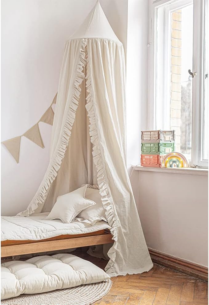 Bed Canopy with Frills Reading Nook Game Tent for Kids Boho Hanging Net Play Room Decor(Beige)-CubbioJoy