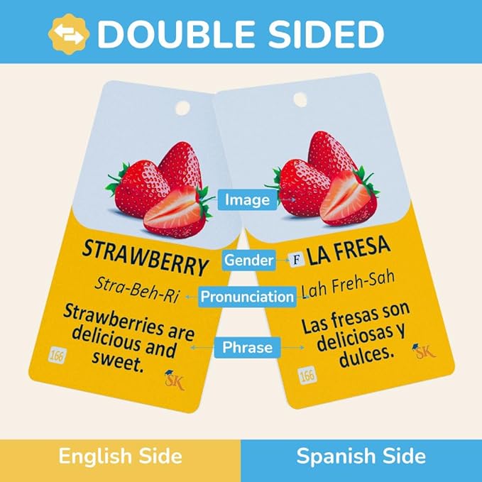 300 Vocabulary Flashcards | Double Sided English-Spanish Bilingual Flashcards for Adults & Kids Ages 12+ | Portable Noun Flash Cards to Learn Spanish for Adult Beginners-CubbioJoy