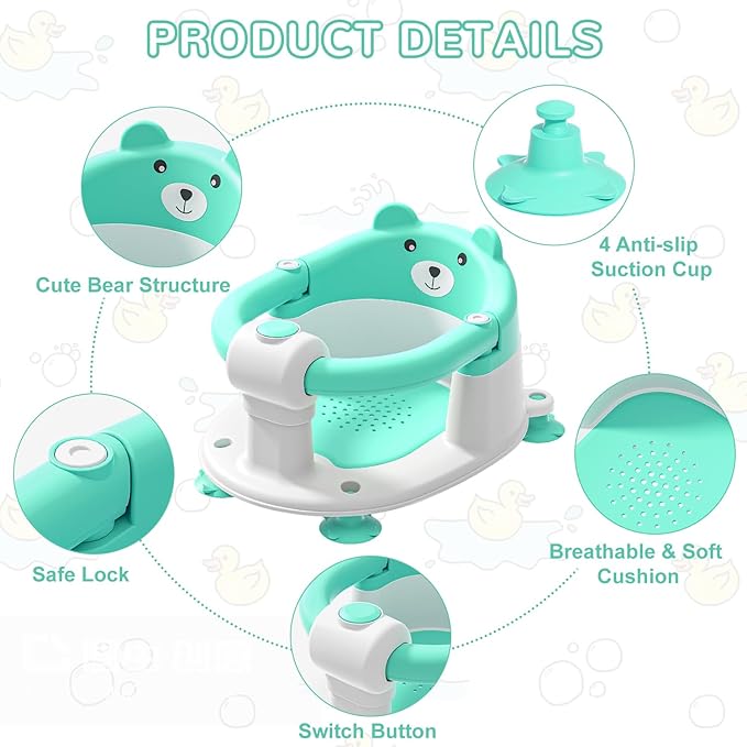 Baby Bath Seat for Babies 6 Months & up, Non-Slip Toddler Bath Seats for Babies Sitting Up, Safe Infant & Newborn Bathtub Chair with 4 Suction Cups & Soft Cushion for Shower,Mint-CubbioJoy