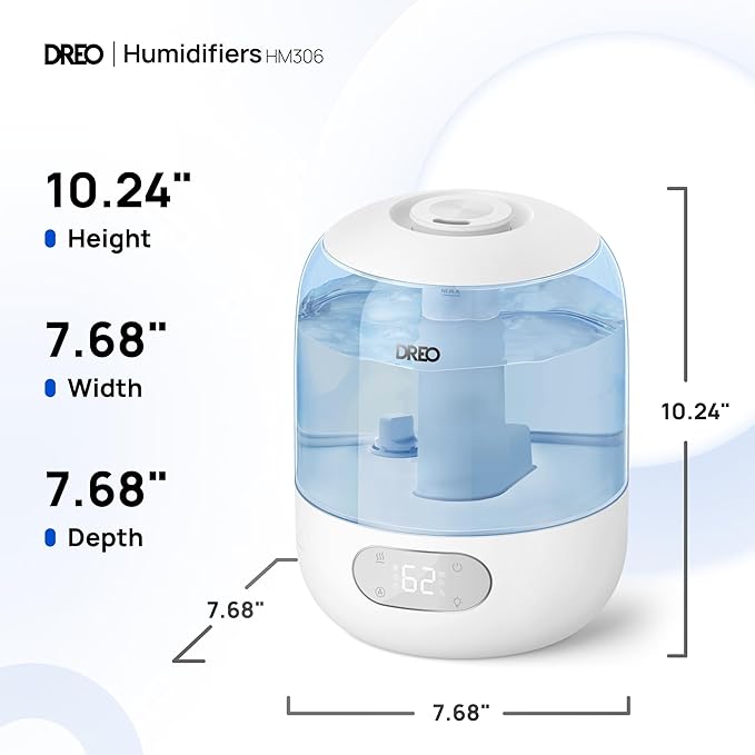Dreo Humidifiers for Bedroom, Cool Mist Ultrasonic Humidifiers with 30Hr Runtime, Top Fill 3L Tank, Easy Clean, Humidity Sensor, Night Light for Baby, Nursery, 360° Nozzle for Plants and Home, Blue-CubbioJoy