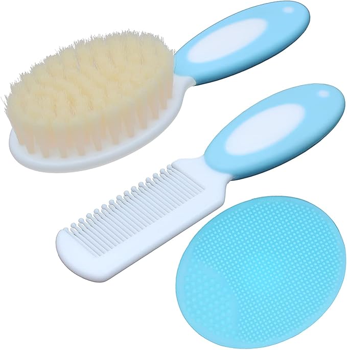 Baby Hair Brush &Silicone Baby Cradle Cap Brush Set, for Newborns & Toddlers-Natural Soft Goat Bristles-Ideal for Cradle Cap-Perfect Baby Registry Gift (Blue)-CubbioJoy