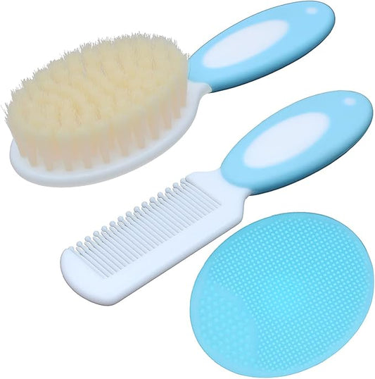 Baby Hair Brush &Silicone Baby Cradle Cap Brush Set, for Newborns & Toddlers-Natural Soft Goat Bristles-Ideal for Cradle Cap-Perfect Baby Registry Gift (Blue)-CubbioJoy