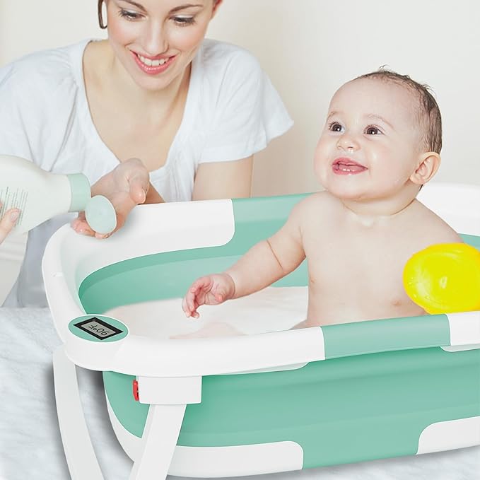 Collapsible Baby Bathtub,Baby Bath Tub with Soft Cushion & Thermometer,Baby Bathtub Newborn to Toddler 0-36 Months,Portable Travel Baby Tub-CubbioJoy