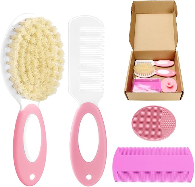 Baby Hair Brush and Comb Set, 4Pcs Baby Soft Bristles Brush Cradle Cap Brush Hair Comb for Newborns Toddlers Boys Girls (Pink)-CubbioJoy