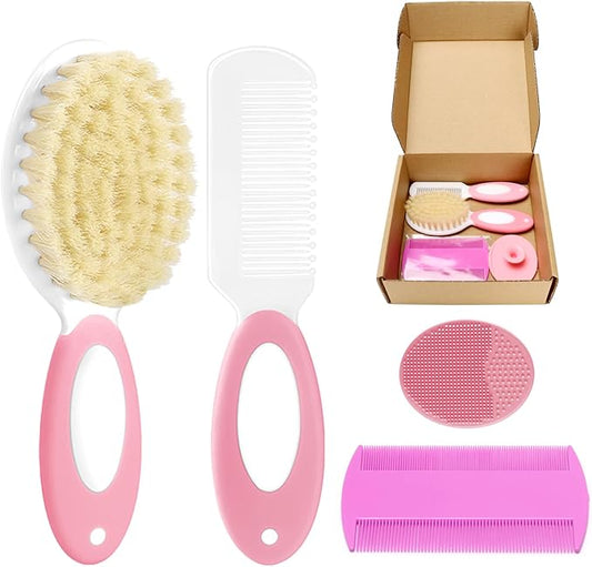 Baby Hair Brush and Comb Set, 4Pcs Baby Soft Bristles Brush Cradle Cap Brush Hair Comb for Newborns Toddlers Boys Girls (Pink)-CubbioJoy
