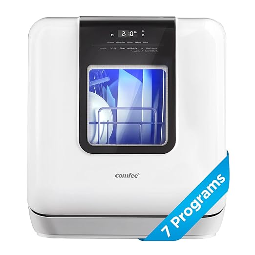 COMFEE' Countertop Dishwasher, Portable Dishwasher with 6L Built-in Water Tank, Mini Dishwasher with More Space Inside, 7 Programs, UV Hygiene& Auto Door Open, for Apartments, Dorms& RVs, White-CubbioJoy