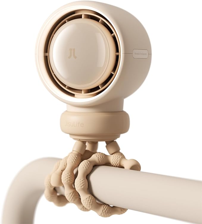 JISULIFE Stroller Fan Baby Large, Safe Bladeless for Crib, Desk, 4000mAh Battery Rechargeable Portable Cooling Fan with Air Turbo Tech, Night Light, Food-Grade Gift for Mom/Dad/Friend - Brown-CubbioJoy