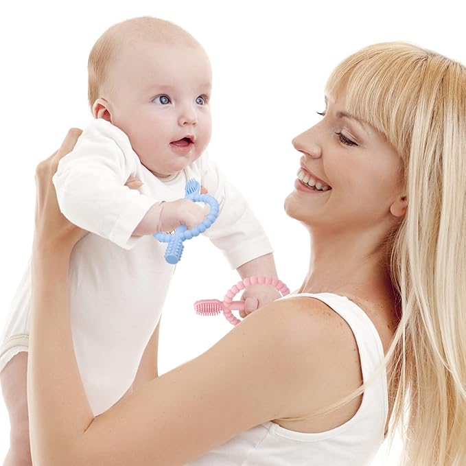 Baby Teething Toys with Easy-Hold Handle, Silicone Infant Toothbrush, Textured On Both Sides Helps Massage, Soothe Sore Gums, Teething Toys for Babies 0-6 Months, 6-12 Months-CubbioJoy