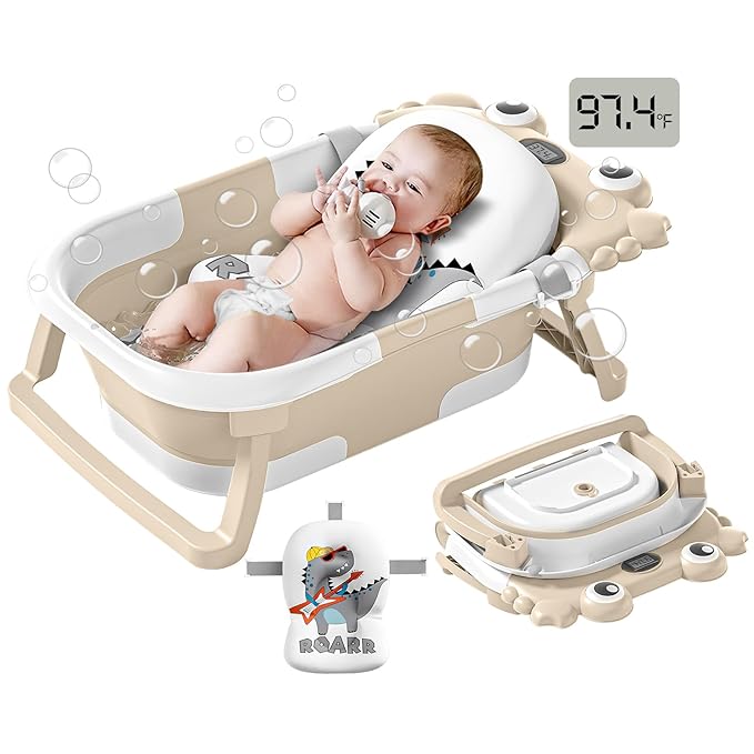 Collapsible Baby Bathtub for Infants to Toddler with Real-time Temp Monitor+Floating Cushion,Foldable Baby Bath Tub Set Applicable 0-36 Month,Portable Travel Baby Tub for Newborns Boy (Beige)-CubbioJoy