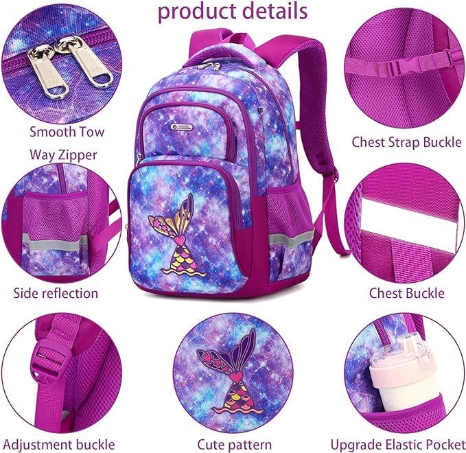 Cusangel Purple Mermaid 3pcs Set with Lunch Box Pencil Case,Multi Compartment Backpack, Dinosaur Backpack Chest Strap Side Pockets 16 Inch-CubbioJoy