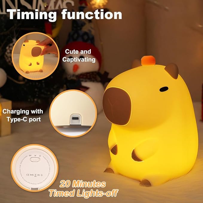Capybara Little Night Light for Kids, Portable USB Rechargeable Animal Lamps Touch Control Lamp, Silicone Night Light with Timing Function,Children's Christmas Gifts-CubbioJoy