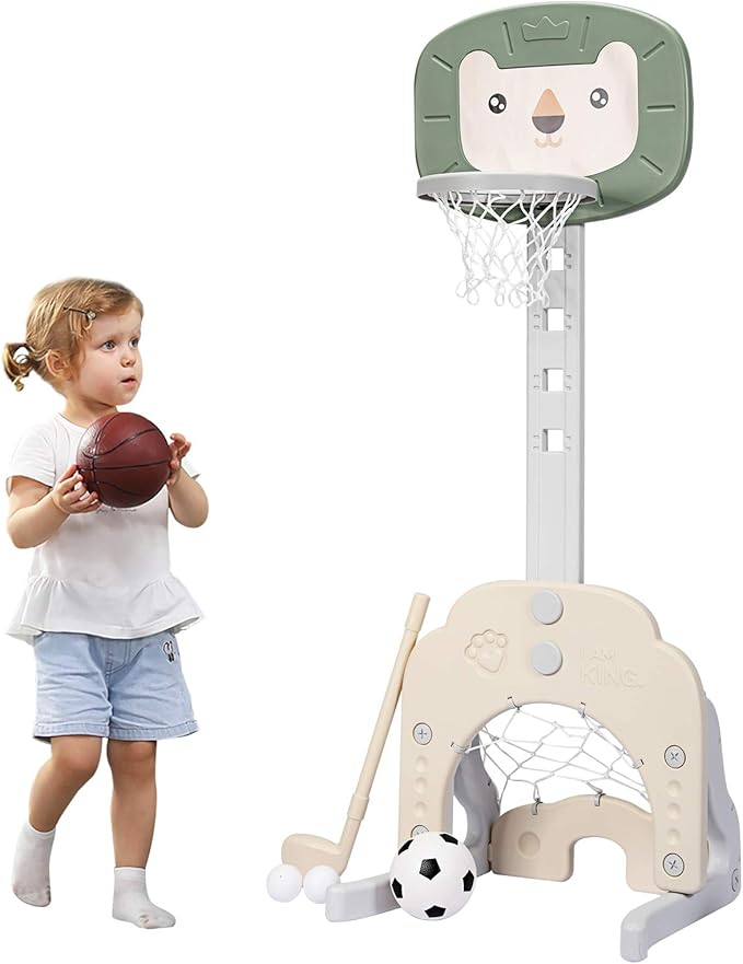 Costzon Kids Basketball Hoop, Toddler Sports Activity Center w/ 5 Adjustable Height Levels, Basketball Soccer Golf Game Set, Indoor Outdoor Basketball Hoop Set Gift for Baby Infant-CubbioJoy