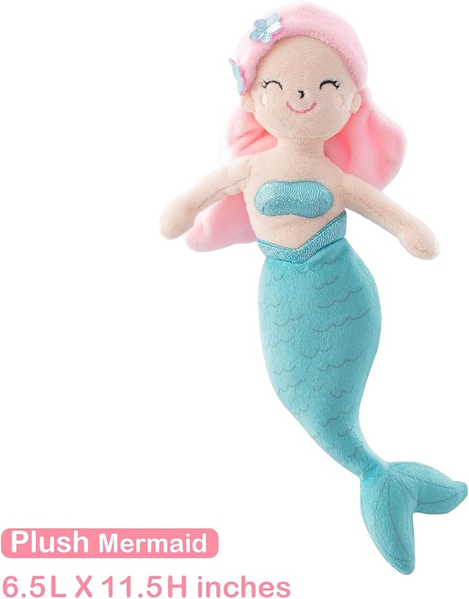 4 Piece Crib Bedding Set for Boys Girls, Infant Toddler Nursery Baby Bedding Sets Includes Cartoon Quilt, Fitted Crib Sheet, Crib Skirt and Plush Mermaid Toy-CubbioJoy