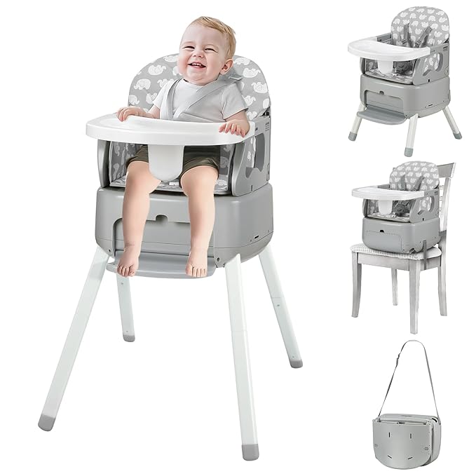 4 in 1 Portable Baby High Chair,Convertible Highchair for Babies & Toddlers-Foldable Infant Booster Seat,Carry Small Box,Dining Chair,Toddler High Chair with 5-Point Harness,Removable Tray-Grey-CubbioJoy