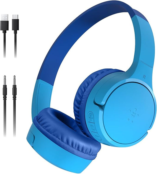 Belkin SoundForm Mini - Wireless Bluetooth Kids Headphones, 30H Battery, 85dB Safe Volume Limit, Built-in Microphone - Toddler On-Ear Earphones for iPhone, iPad, Fire Tablet, Ideal for School - Blue-CubbioJoy